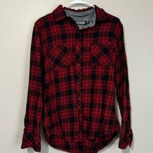 USED Men's PD&C Button Down Long Sleeve Shirt Color Red and Black Striped Size S